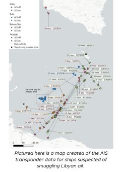 Pictured here is a map created of the AIS transponder data for ships suspected of smuggling Libyan oil.