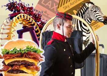 Photo montage of hospitality images: burger, hotel porter, zebra, suitcase, rollarcoaster, luggage tag