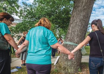 women join hands around tree with teal ribbon