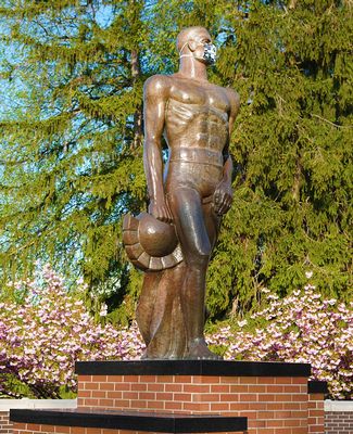 Sparty statue dons mask