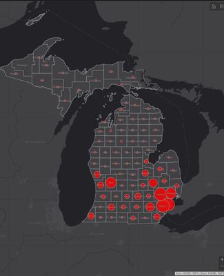GIS dashboard showing COVID-19 cases in Michigan