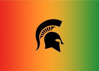 Spartan helmet over a gradient of red, orange, and green