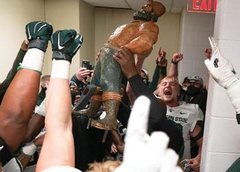 Paul Bunyan trophy hoisted by MSU Football team