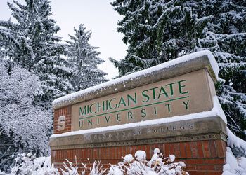 MSU Campus sign covered in snow
