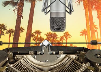 composite image of microphone, typewriter and palm trees