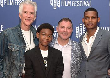 MSU Alumnus Jay Deratany (center) with “Foster Boy” cast members Matthew Modine, Kystian Alexander Lyttle and Shane Paul McGhie.