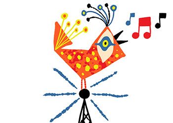 colorful artwork of a bird sitting atop a radio tower, singing with musical notes