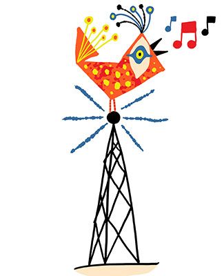 colorful artwork of a bird sitting atop a radio tower, singing with musical notes