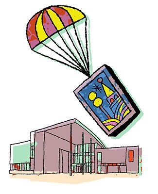 colorful artwork of a parachute dropping a painting in front of a drawing of the Business College at MSU