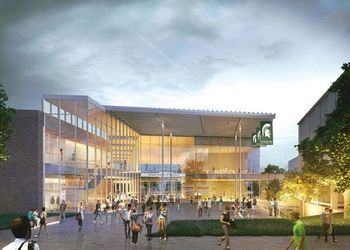 An architectural rendering of the exterior of the new Broad College of Business pavilion.