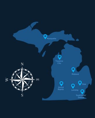 Map of Michigan featuring MSU's clinical locations. 
