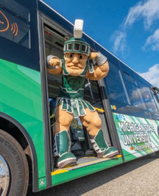 Sparty steps off autonomous bus