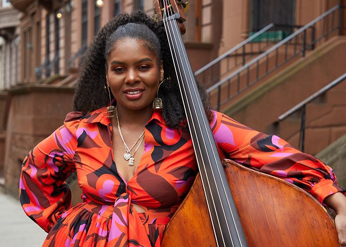 Endea Owens with her bass in Harlem, New York.