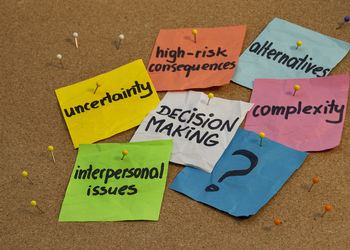A board full of sticky notes and push pins. A white sticky notes sits in the middle surrounded by a question mark, the words complexity, alternatives, uncertainty, high-risk consequences, and interpersonal issues in different colors.