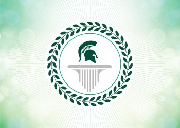 Green Spartan helmet on a white background within a laurel wreath sourounded by a starburst of green colors