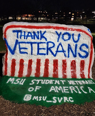 Thank You Veterans painted on MSU rock