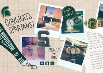 Scrapbook with polaroid images of campus 