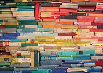 Book spines piled up