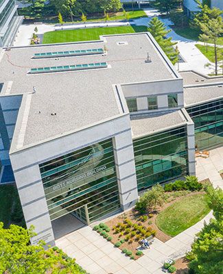 aerial photo of the front facade of the Bott Nursing Building, where the College of Nursing is located
