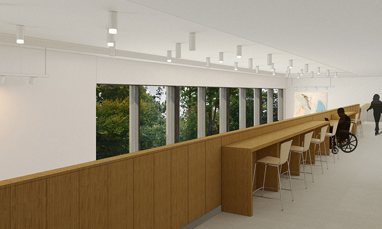 An architect's rendering of a long study table with chairs.
