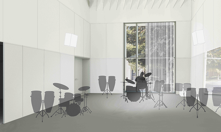 An architect's rendering of a percussion studio.