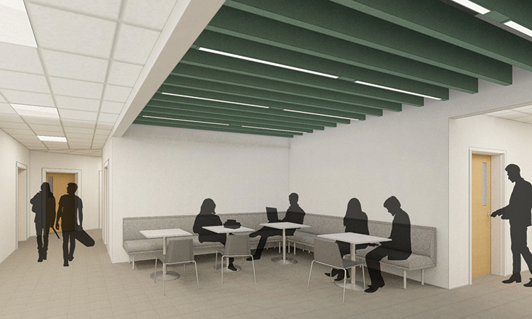 An architect's rendering of a seating area in an alcove off a hallway.