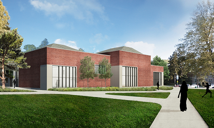 An architect's rendering of the red brick exterior of the Music Building from a grassy field.