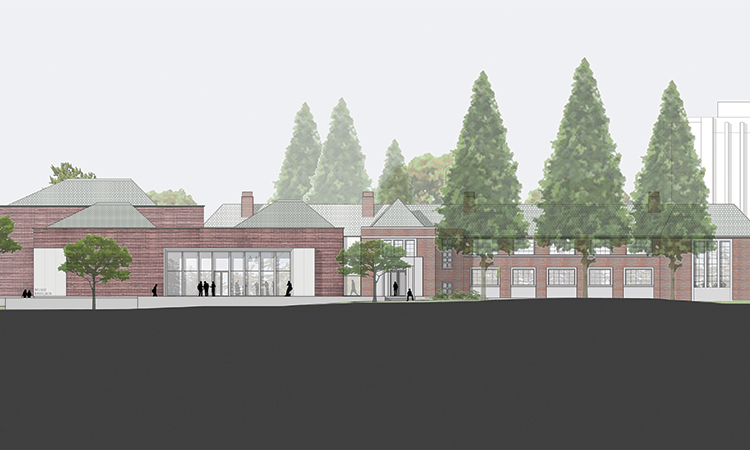 An architect's rendering of the exterior of the red brick Music Building
