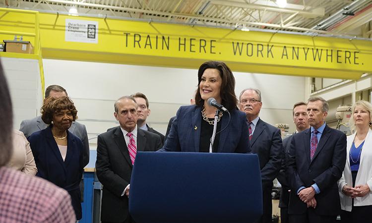 Governor Gretchen Whitmer speaking at a press conference