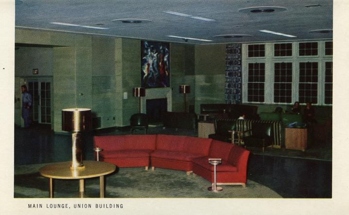 The Main Lounge of the Union, from a 1955 series of  Michigan State postcards in celebration of the centennial.