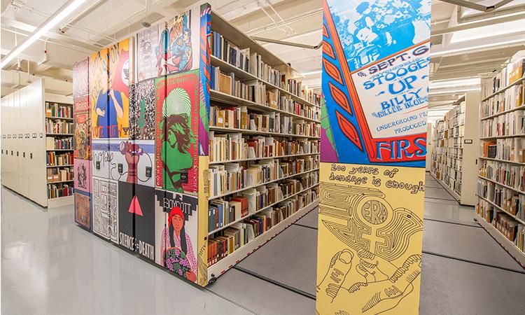 Bookshelves decorated with colorful murals.