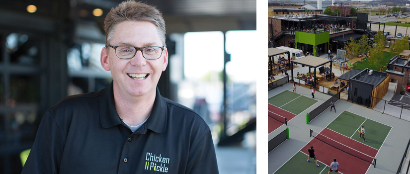 Bill Koning and overhead view of Chicken N Pickle