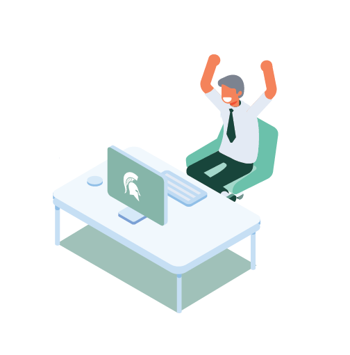 Success Illustration of man at desk with hands in air