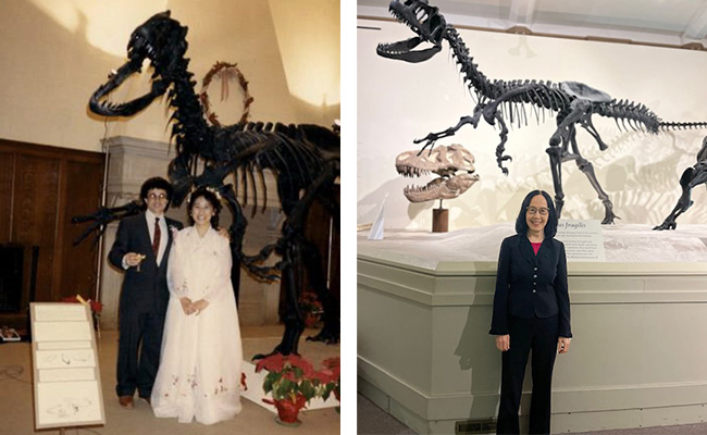 Left: Okhee Lee on her wedding day at the MSU Museum. Right: Lee at the MSU Museum in 2022.