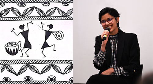 Veona Cutinho speaks into a microphone. An example of her artwork is on the left.