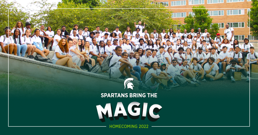 Photo of student from the MSU M.A.G.I.C. posing in front of Brody Hall. Image include a Green filter and a logo that says "Spartans Bring the Magic Homecoming 2022"